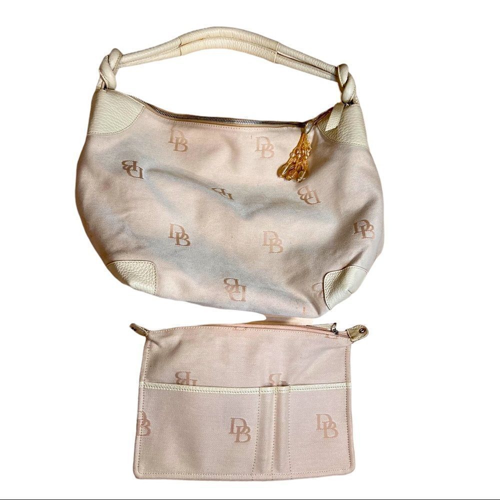 Dooney Bourke Off Wht Signature Canvas Leather Trim Hobo Handbag Removable Pouch
